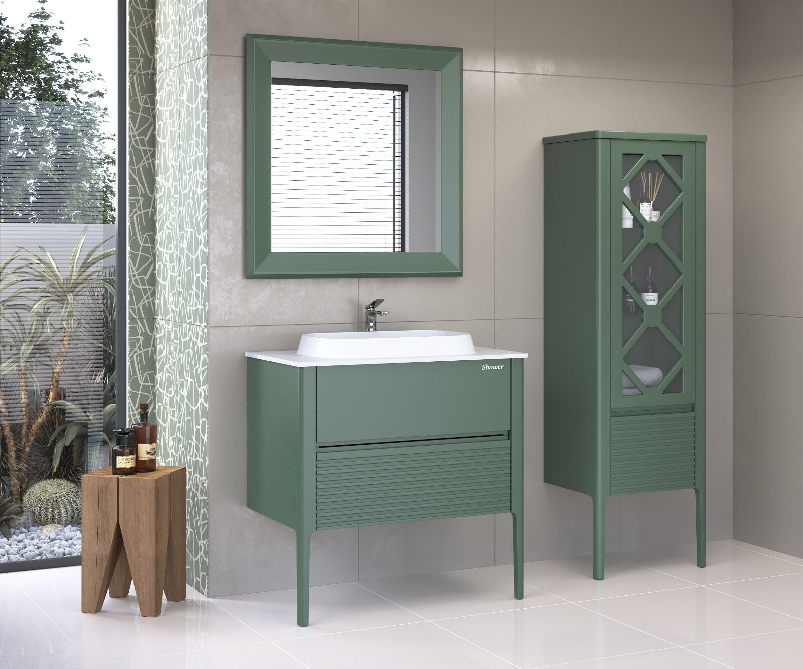 Shower Asya 80 cm Banyo Dolabı Boy Dolaplı - Zümrüt Yeşil