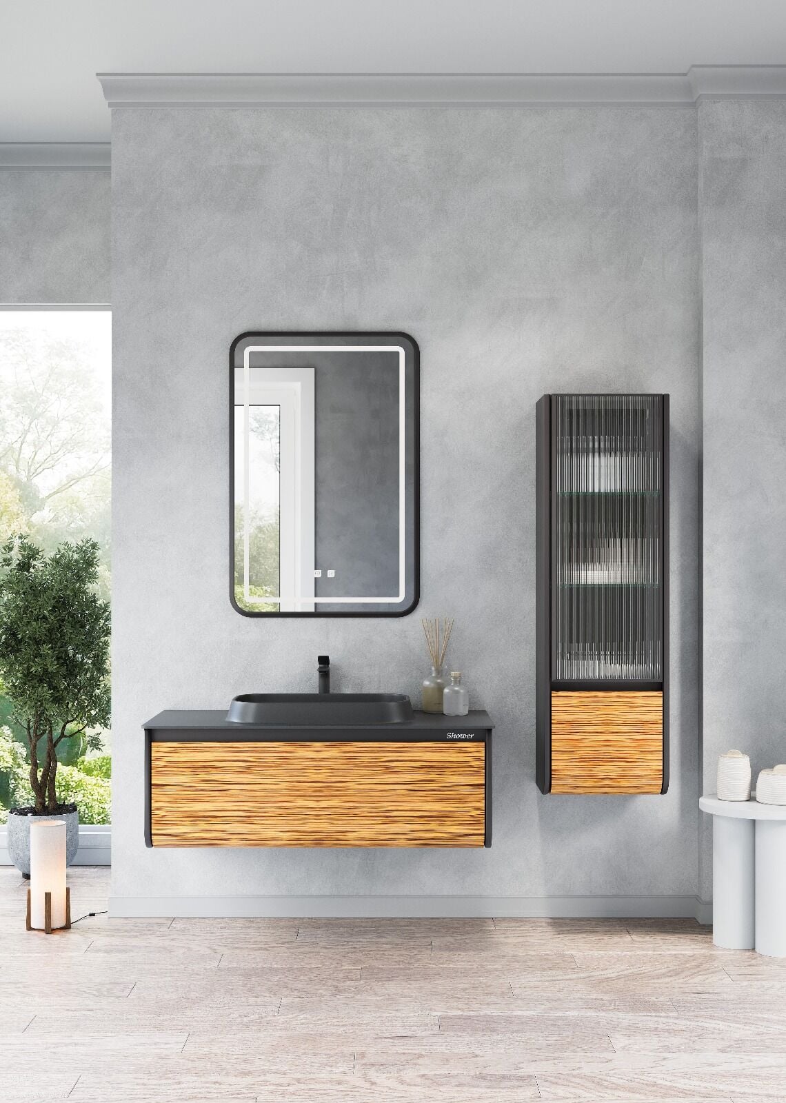 Shower Montana 82 cm Banyo Dolabı Boy Dolaplı - Antrasit / Doğal Ahşap Kaplama