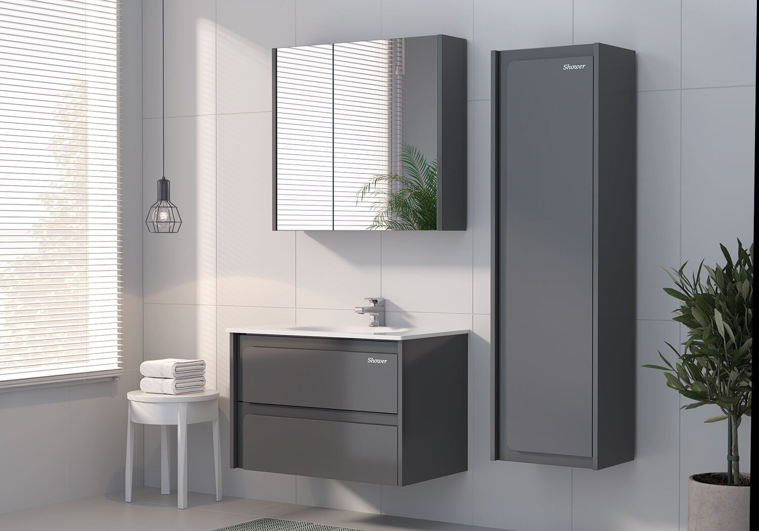 Shower Hitit 80 cm Banyo Dolabı Boy Dolaplı - Antrasit