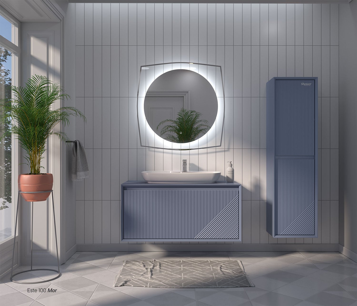Shower Este 100 cm Banyo Dolabı Boy Dolaplı - Mavi