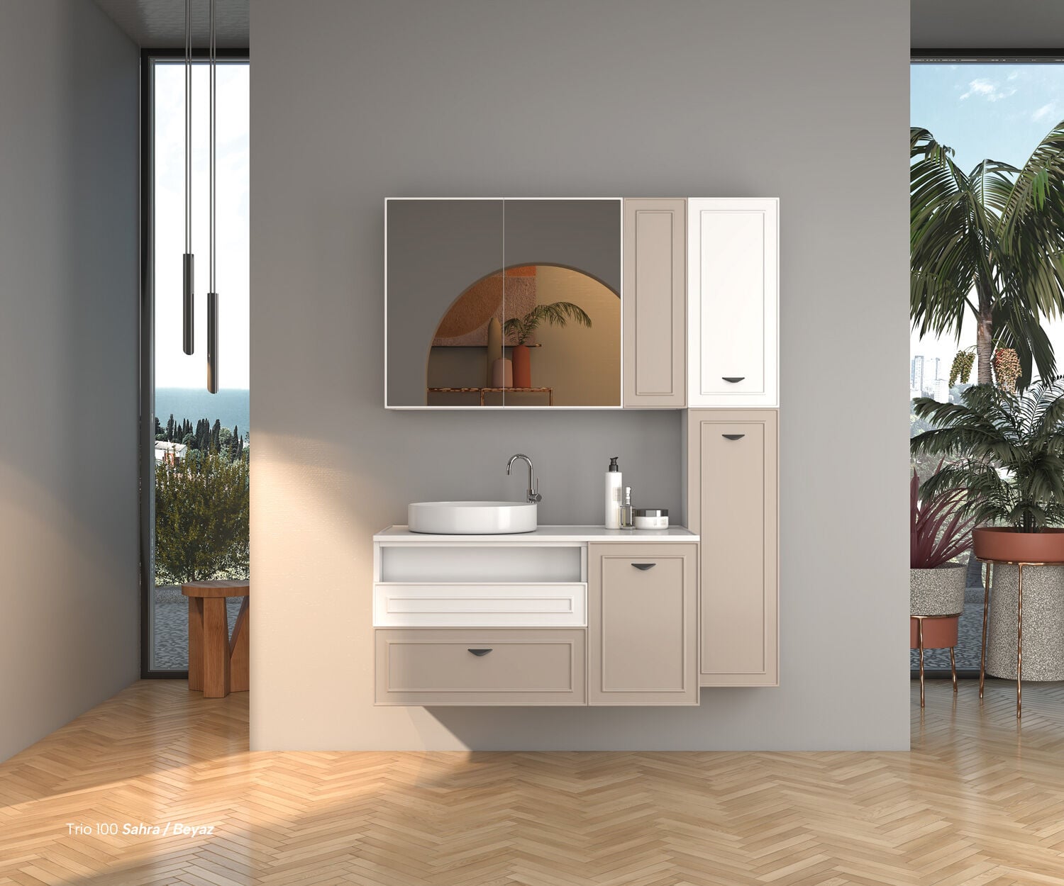 Shower Trio Banyo Dolabı Boy Dolapsız - Sahra/Beyaz