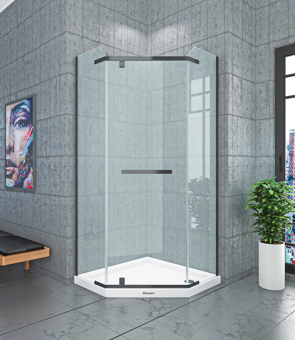 Shower Original 90x90 2 Sabit 1 Açılır Beşgen Kabin