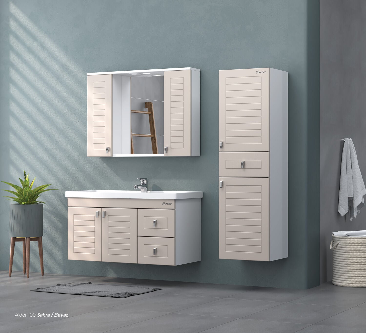 Shower Alder 100 cm Banyo Dolabı Boy Dolaplı - Sahra/Beyaz