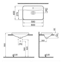 Kale Zero 2.0 Yarı Gömme Dikdörtgen Lavabo Mat Beyaz 60X40 Cm