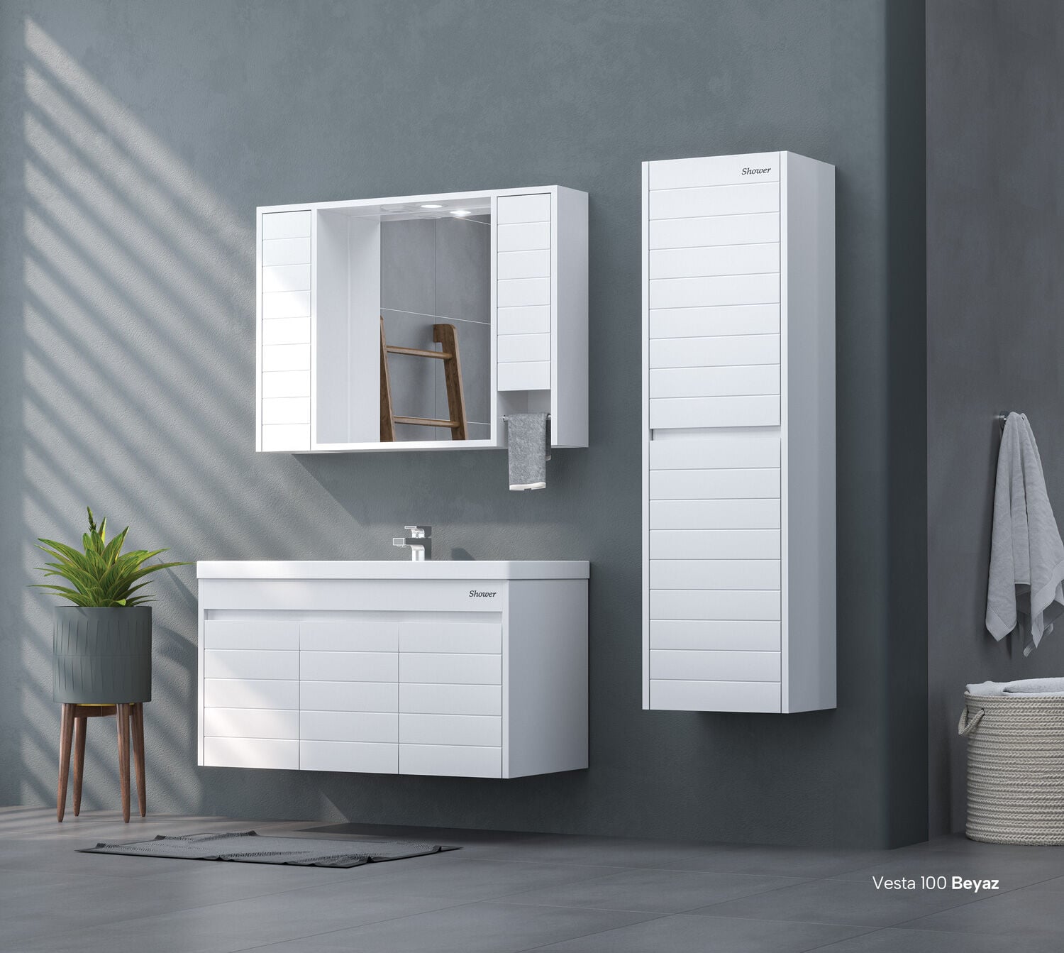 Shower Vesta 100 cm Banyo Dolabı Boy Dolaplı - Beyaz