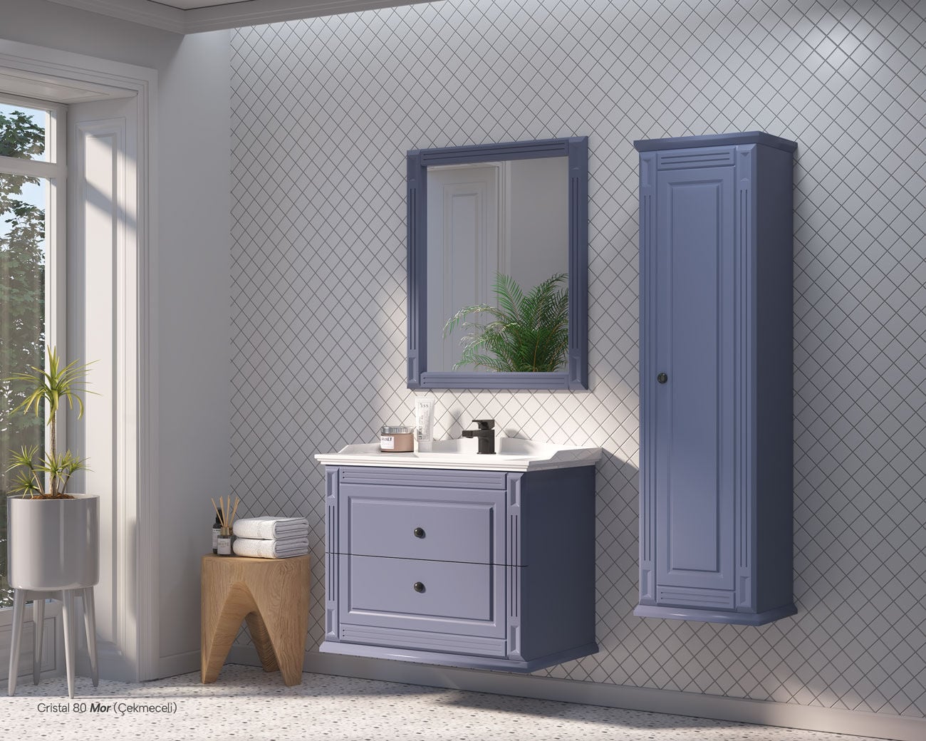 Shower Cristal 100 cm Banyo Dolabı (Çekmeceli) Boy Dolaplı - Mor