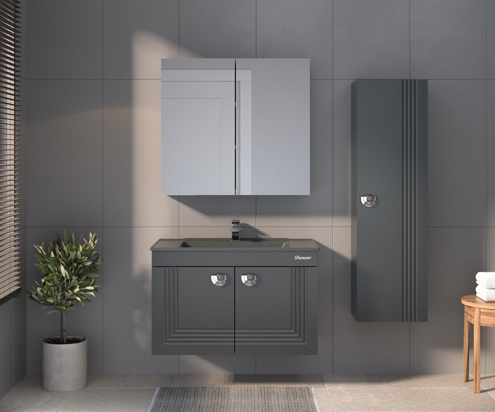 Shower Mertaş 65 cm Banyo Dolabı Boy Dolapsız - Antrasit