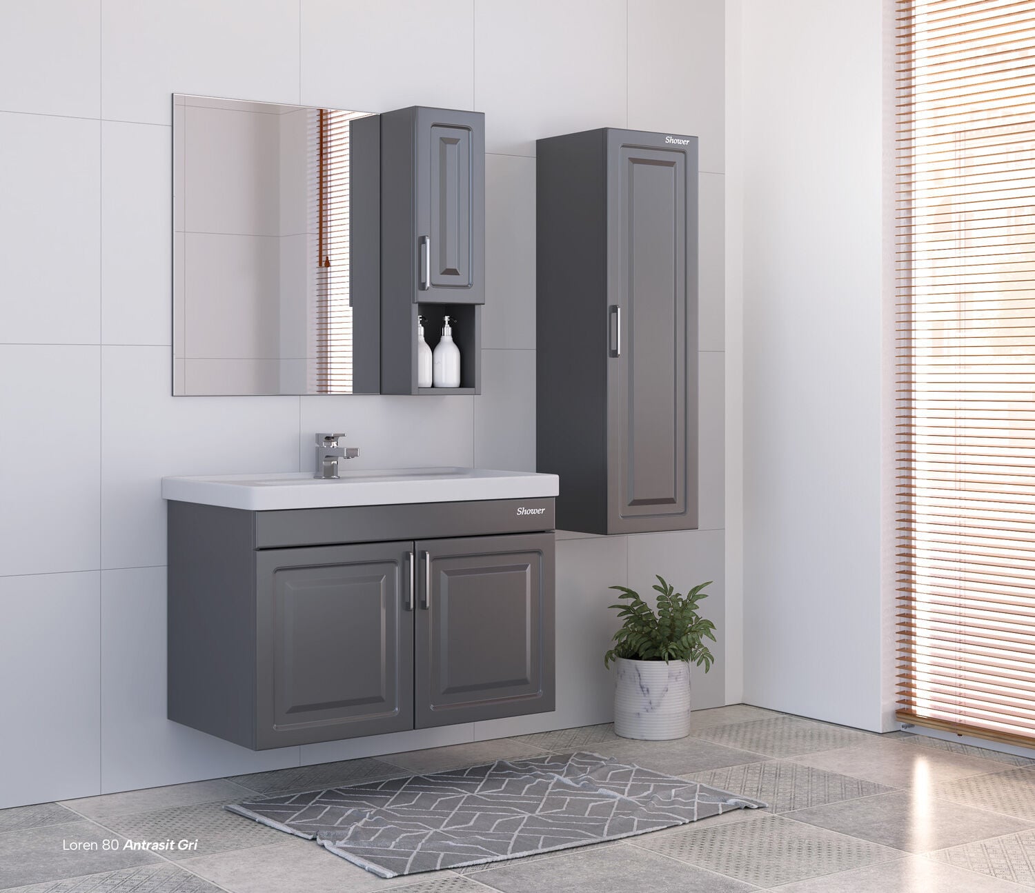 Shower Loren 60 cm Banyo Dolabı Boy Dolaplı - Antrasit