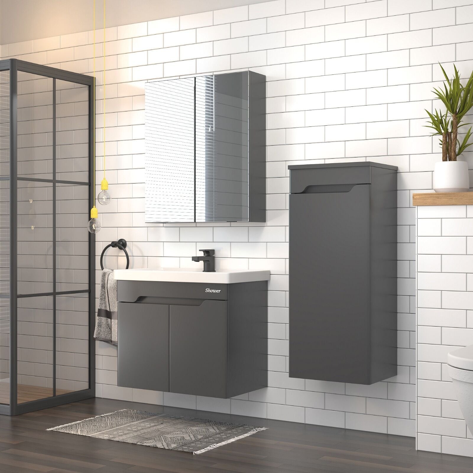 Shower Milano 80 cm Banyo Dolabı Boy Dolaplı - Antrasit - Aynalı Üst Modül