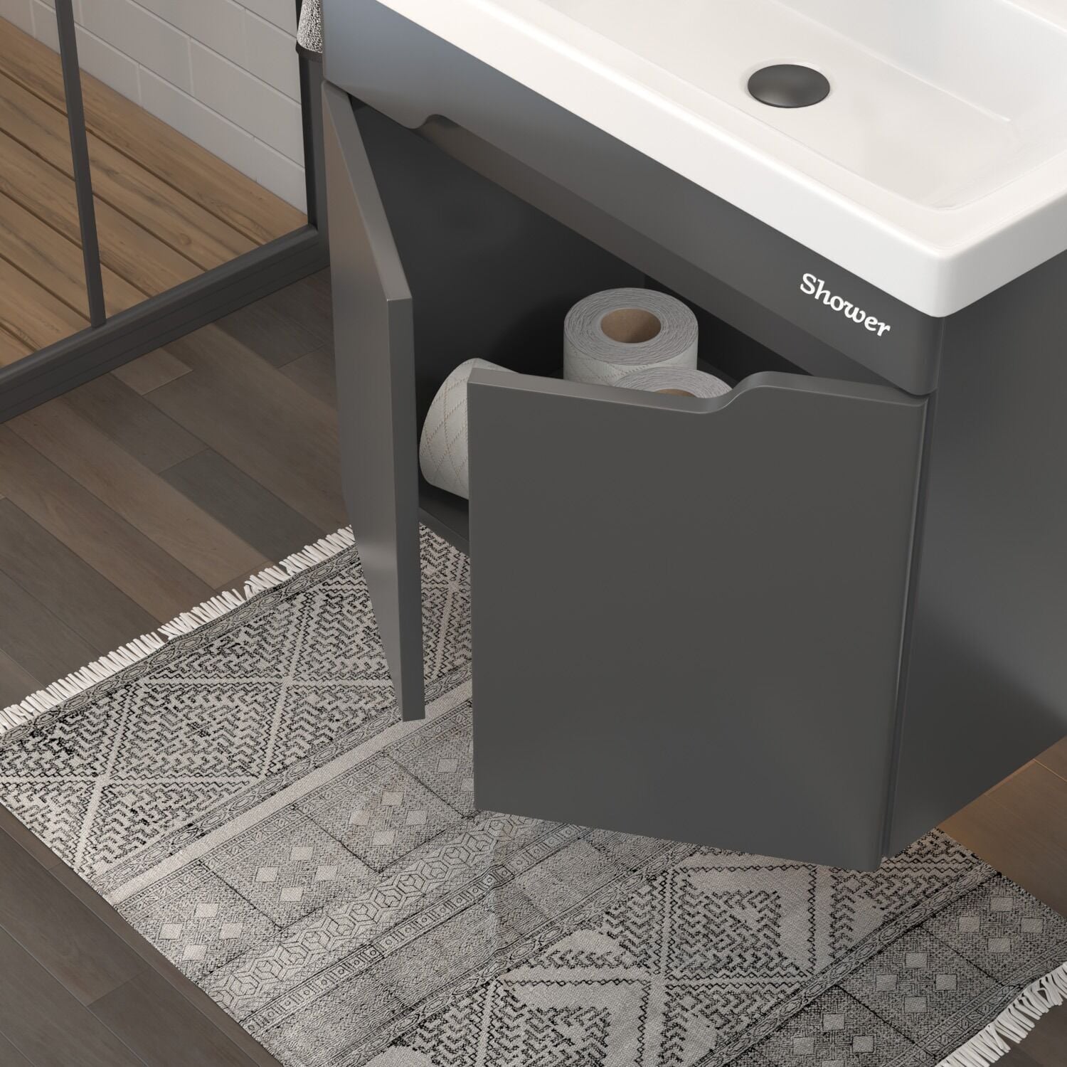Shower Milano 80 cm Banyo Dolabı Boy Dolapsız - Antrasit - Aynalı Üst Modül