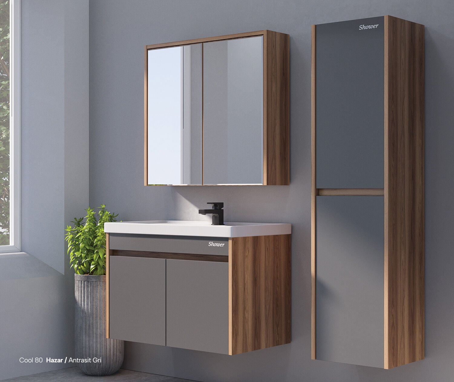 Shower Cool 80 cm Banyo Dolabı Boy Dolapsız - Antrasit/Hazar