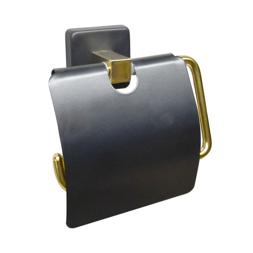 Aksu Kapaklı Tuvalet Kağıtlık Mat Siyah / Altın