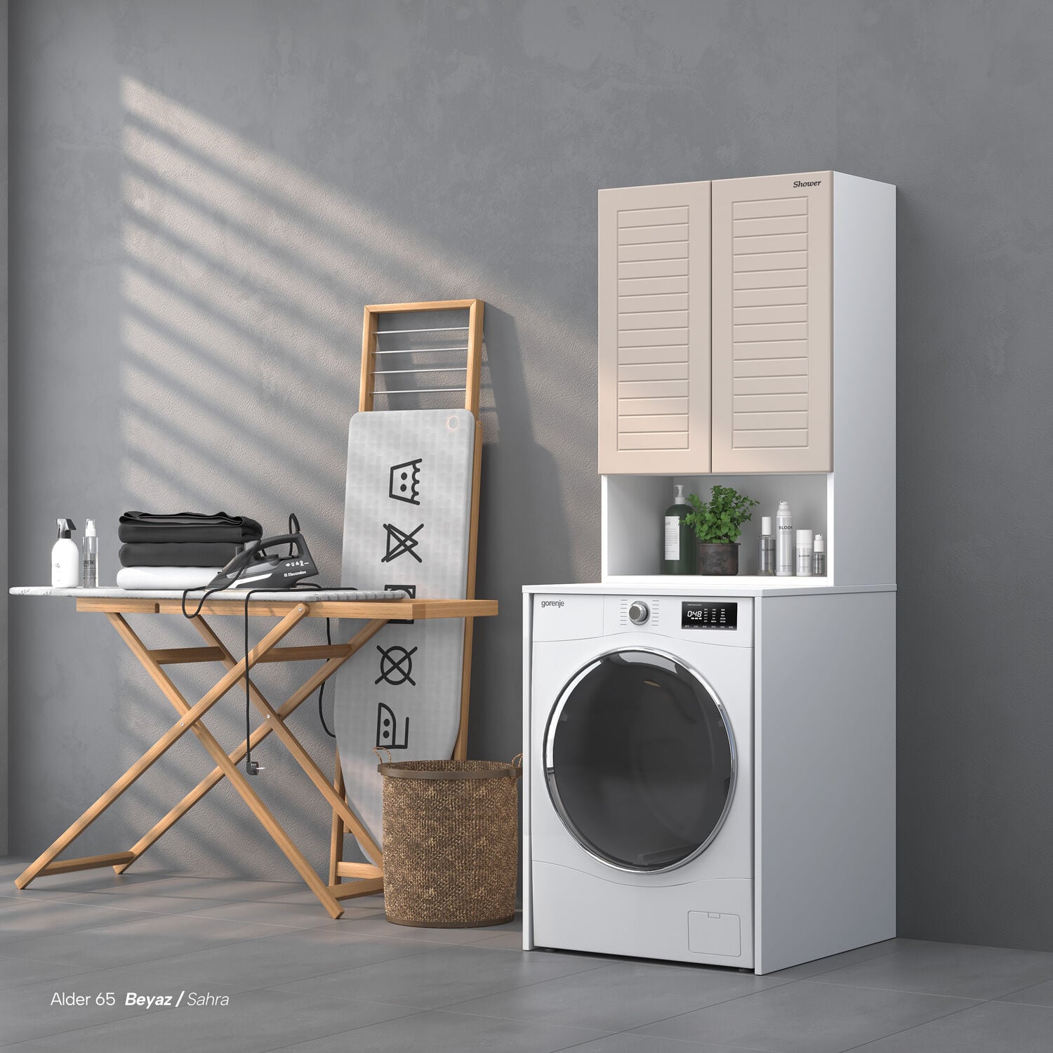 Shower Alder Çamaşır Makinesi Dolabı Sahra/Beyaz