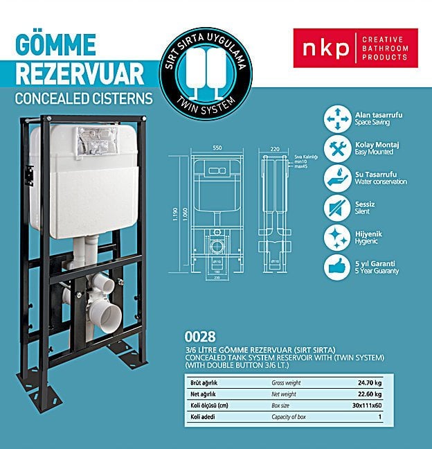 NKP | SIRT SIRTA GÖMME REZERVUAR 3/6 LT. (ÇİFT ASMA KLOZET İÇİN)